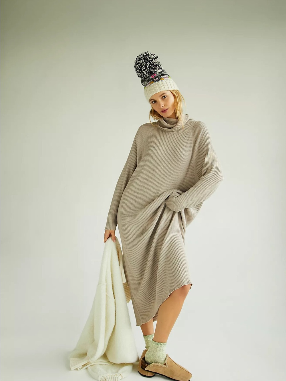 FP Beach Free People XS Camel Ribbed Turtleneck Maxi Sweater Dress